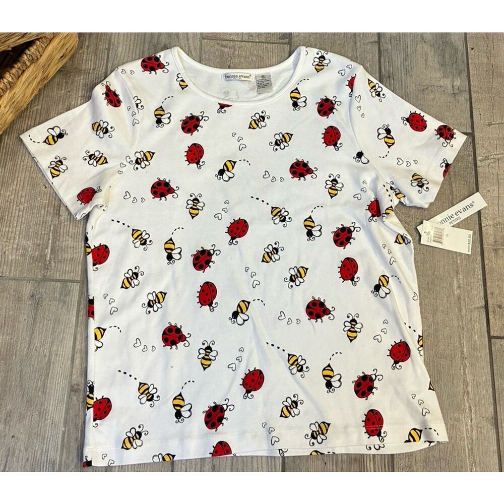 NWT Bonnie Evans Petite Large Ladybug & Bee Novelty Top Whimsical Bug &Hearts